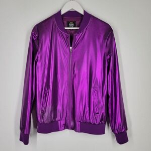 JOGAL STYLE Mens Metallic Purple Bomber Jacket Size M Zip Front cybergoth disco